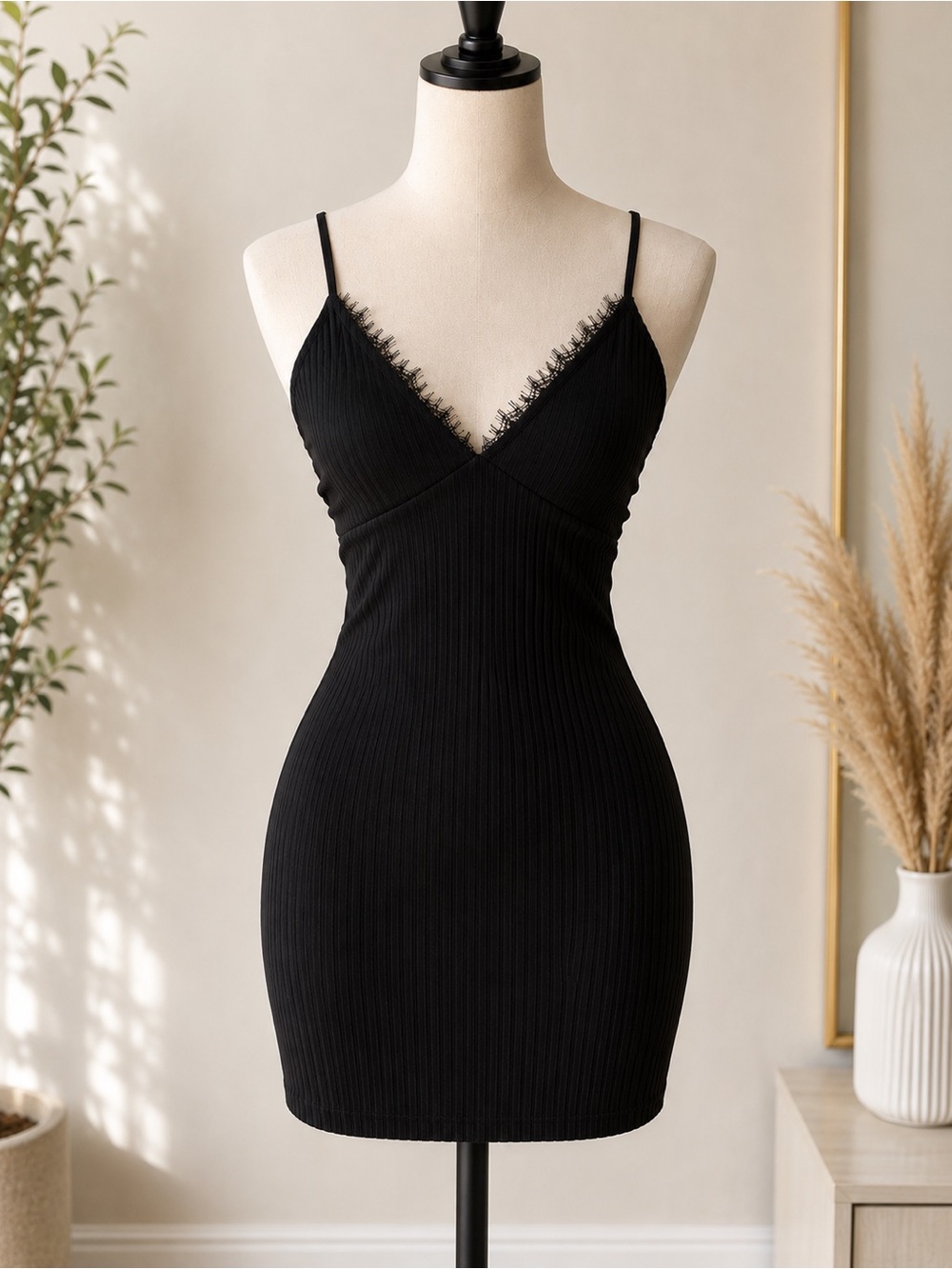 Black Eyelash Lace Trim Bodycon Cami Mini Dress NWT